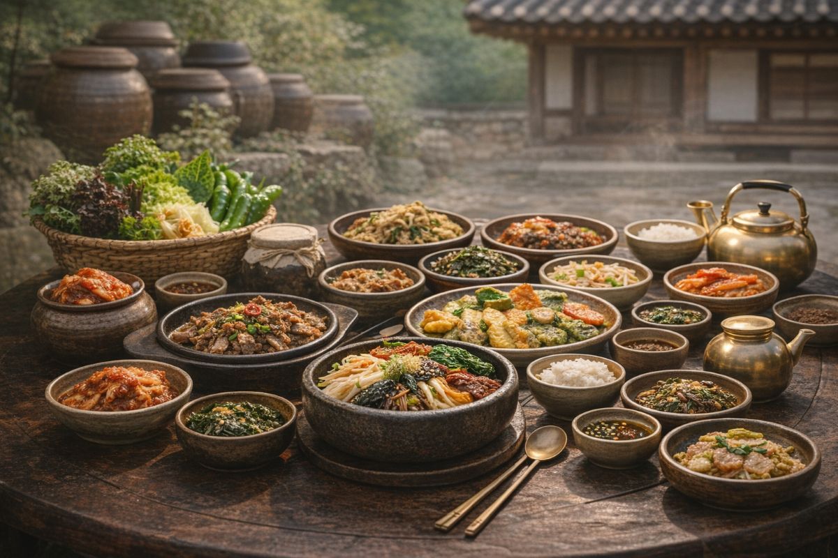 한옥 마당에서 차려진 전통 한식 상차림과 다양한 반찬